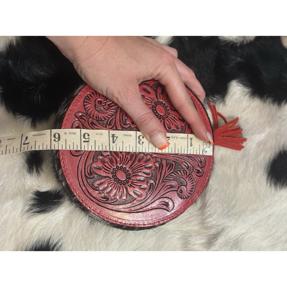 Handmade Red Leather Tooled Cow Hide Black White Jewelry Box Ring Travel Case - Picture 6 of 9